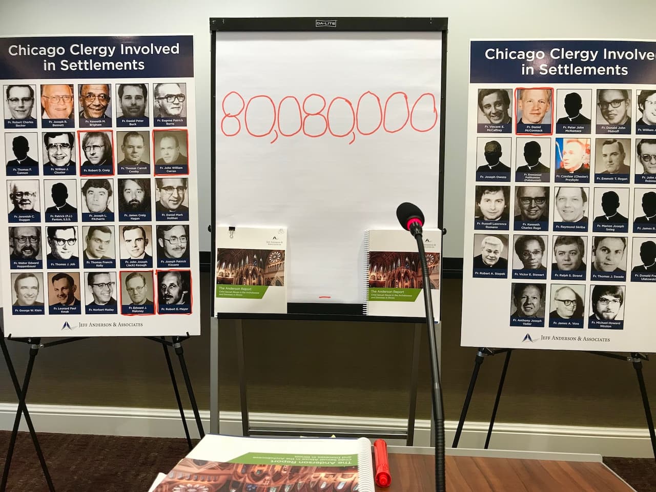 Imágenes de retratos de acusados de abuso, mapas, nombres y la cifra de los gastos de la Arquidiócesis.