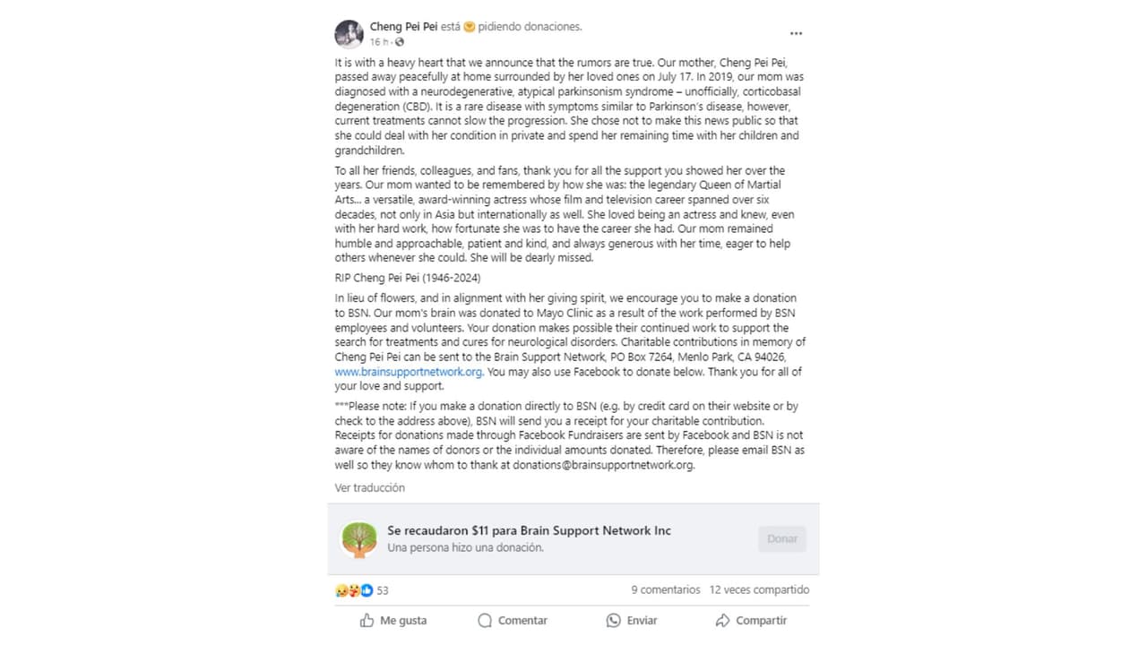 Así confirmaron la muerte de la actriz de artes marciales Cheng Pei Pei.