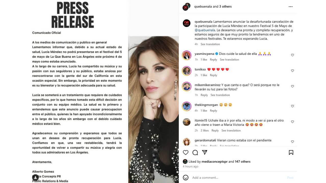 Lucía Méndez cancela presentación por problemas de salud.