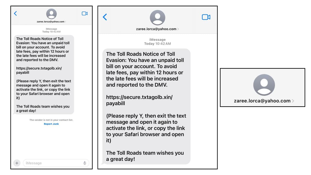 Muestra de otro mensaje de texto fraudulento, que busca engañar a las personas con falsas deudas de peajes en Texas.