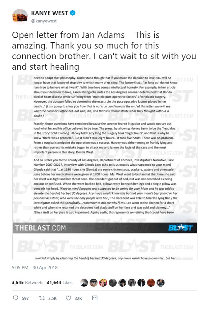 El rapero le respondió también en la red social afirmando que "es asombroso. Muchas gracias por la conexión, hermano. No puedo esperar a sentarme contigo y sanar".