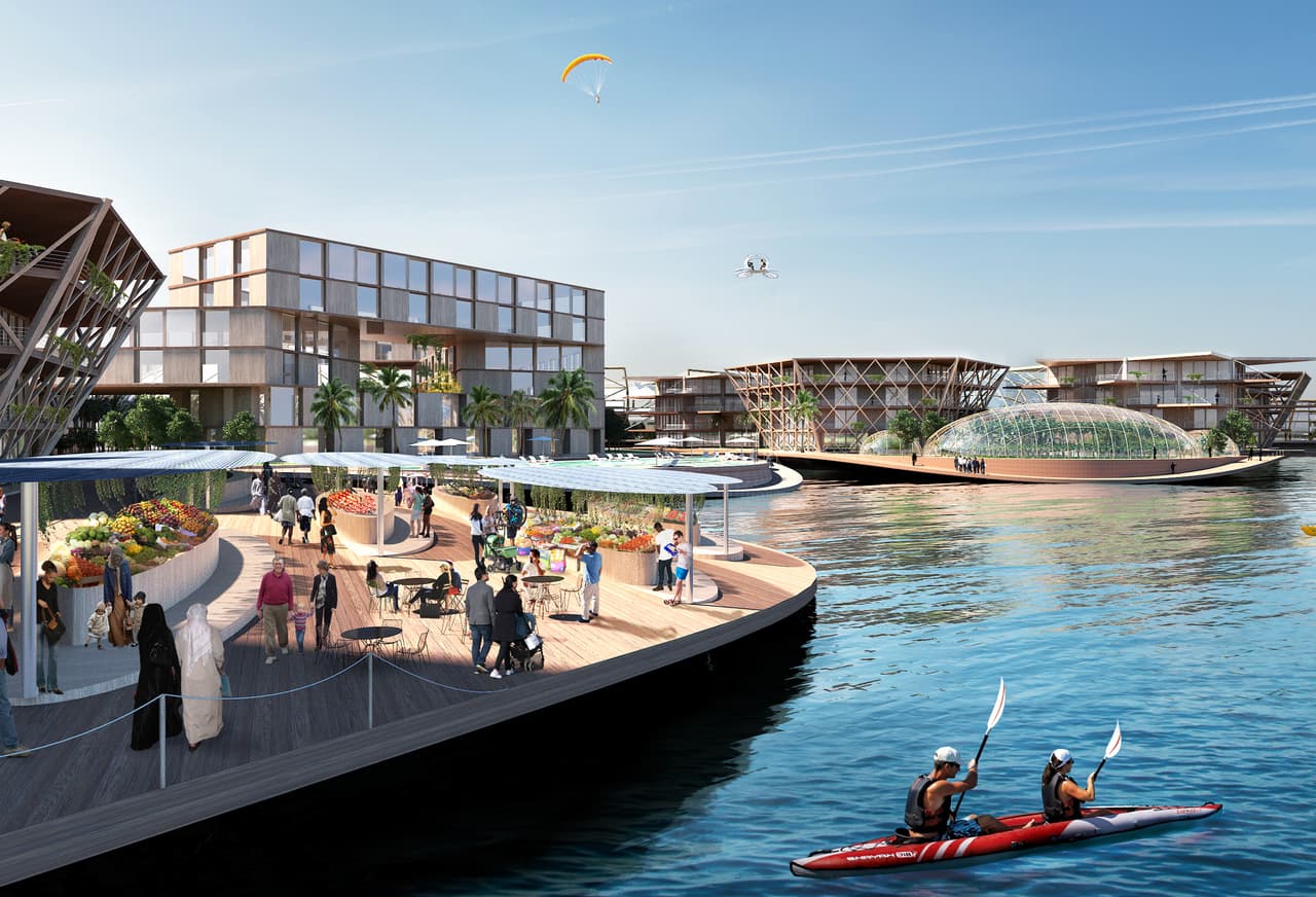 Al agrupar seis vecindarios alrededor de un puerto central protegido, se pueden crear comunidades más grandes o villas de 12 hectáreas que pueden alojar hasta 1,650 residentes. La socialización, el juego y el comercio estarán concentrados alrededor del puerto interior protegido de la plataforma, en cuyos bordes se desarrollará una vida muy activa.