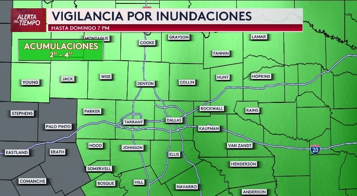Por ahora, hay una Vigilancia por Inundaciones activa hasta las 7pm del domingo gran parte del norte de Texas.