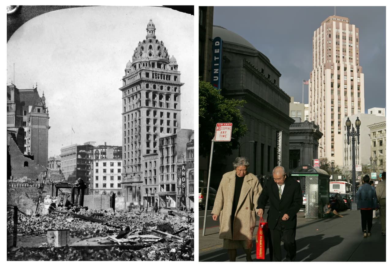 Esta es la vista de la locación donde hoy se ubica el edificio Central Tower de la calle O’Farrell hacia la calle Tercera. En 1906, la zona desde la calle Market a la calle Tercera quedó severamente afectada debido al terremoto y los incendios que le siguieron. Las construcciones que se ven en la fotografía histórica son el edificio The Call y Hearst (izquierda).