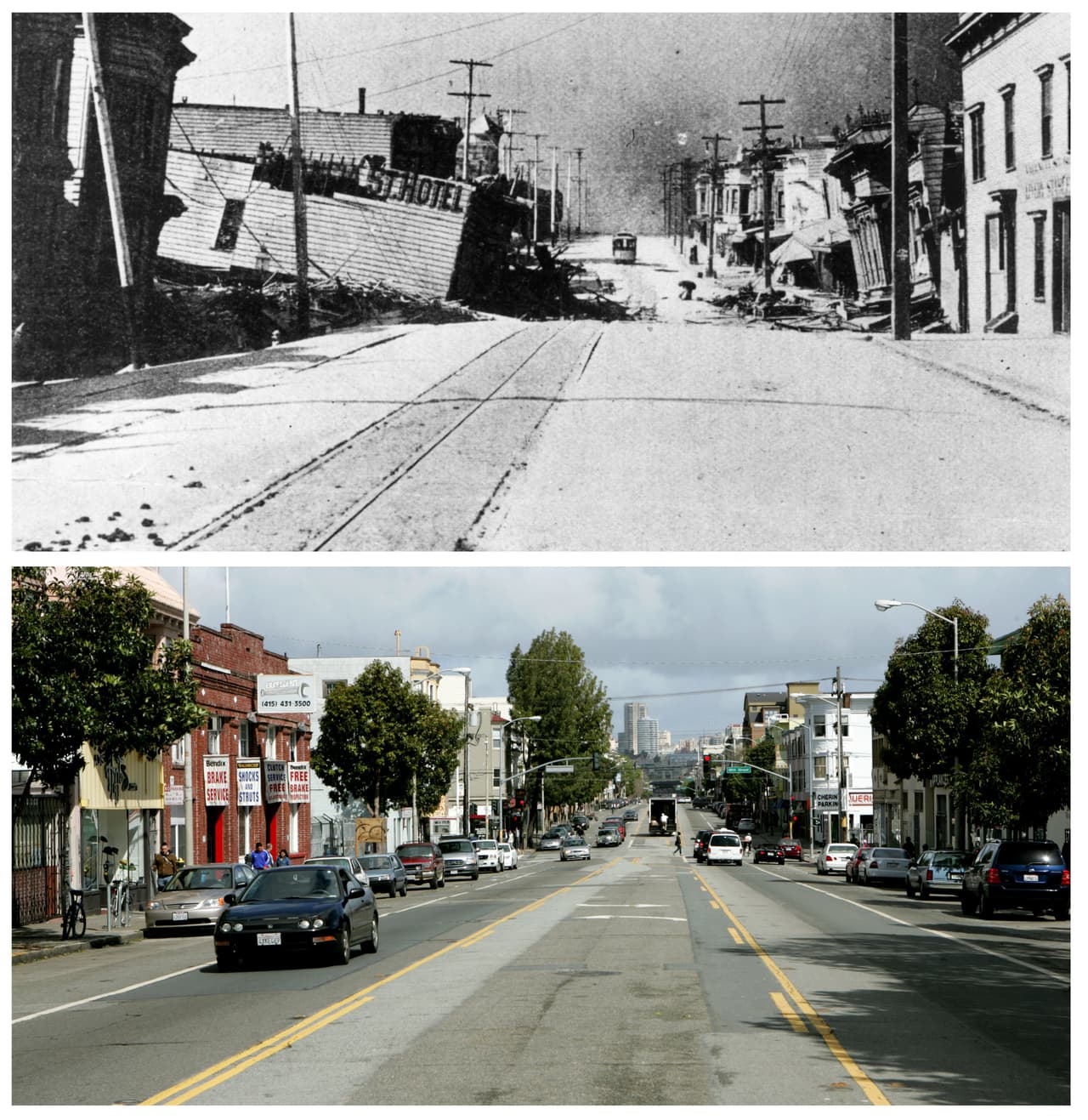 Esta es la vista de la calle Valencia desde la calle 19 a la 18. En la imagen histórica se ve el Valencia Street Hotel, que fue un edificio de cuatro pisos que se colapsó en 1906. Los tres primeros pisos del mismo se hundieron dejando atrapadas a más de 200 personas, muchas de las cuales se ahogaron cuando dos tuberías de la calle se rompieron.
