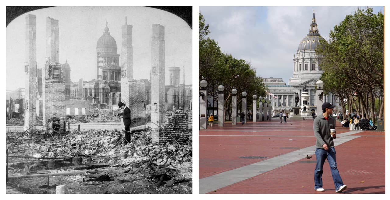 En la imagen de la izquierda un hombre fotografía las ruinas de una parte del edificio del Ayuntamiento cerca de las calles Market y Séptima luego del terremoto de San Francisco de 1906. El edificio que tomó 27 años construir fue destruido en menos de 30 segundos. El actual diseño fue terminado en 1915. Sin embargo, en el terremoto de 1989 volvió a sufrir daños por lo que tuvo que ser restaurado. En 1999 volvió a abrir sus puertas.