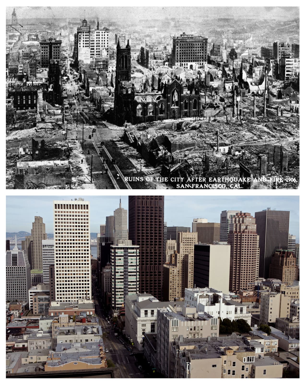 Esta es la vista de la calle California y Powell desde el hotel Fairmont. En la fotografía histórica se ve la destrucción que dejó el terremoto de 1906 en dicha zona. A la izquierda se ve la iglesia Grace destruida. La construcción fue reubicada a la intersección entre las calles California y Taylor.