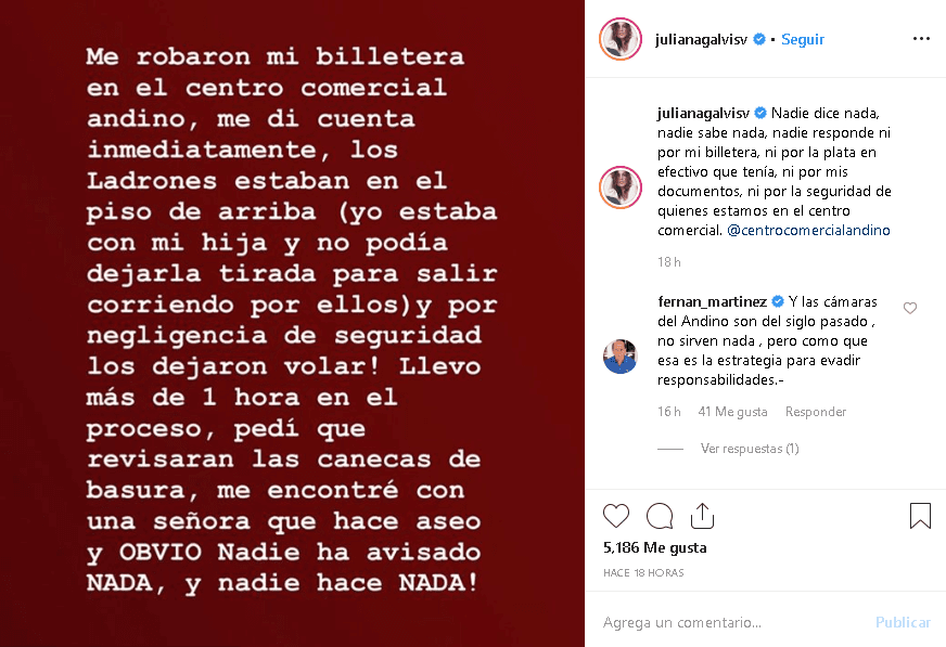 Junto a la imagen del mensaje, Juliana Galvis agregó: “Nadie dice nada, nadie sabe nada, nadie responde ni por mi billetera, ni por la plata en efectivo que tenía, ni por mis documentos, ni por la seguridad de quienes estamos en el centro comercial. @centrocomercialandino”.