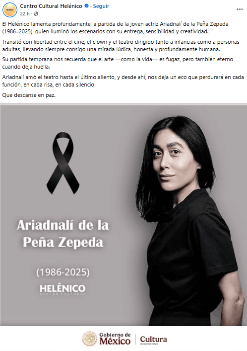 La actriz Ariadnalí de la Peña murió a los 38 años.