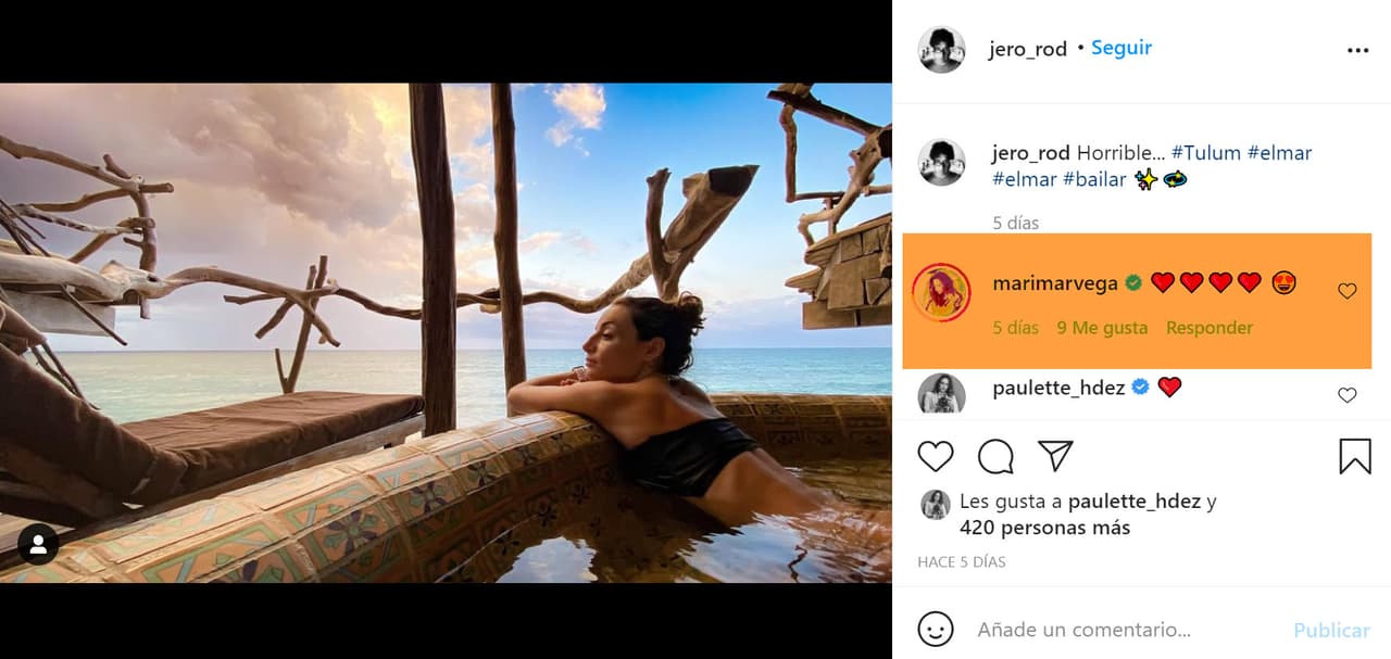Se trata de esta foto en la que Marimar Vega aparece dentro de una piscina. El director de fotografía fechó la instantánea en Tulum y 
<b><a href="https://www.instagram.com/p/CO1RfF6j9yU/" target="_blank">la tituló "horrible"</a></b>. En los comentarios, la actriz le dejó emoticonos de corazones y uno más con una carita enamorada. 
<br>