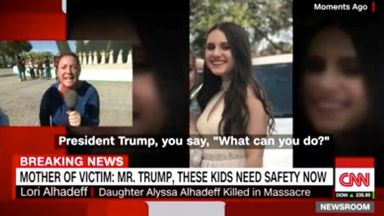 Dice que no sabía qué decir, pero se sintió obligada a hablar: "Una persona loca acaba de entrar a la escuela, tocó la ventana de la puerta de mi hija y comenzó a disparar, le disparó y la mató”,
<a href="https://www.cnn.com/videos/us/2018/02/15/victims-mother-trump-do-something-florida-shooting-sot-nr.cnn"> gritó frente a una cámara de CNN</a>. "Presidente Trump, usted preguntó qué podía hacer.... Usted puede hacer mucho. Puede evitar que las armas caigan en las manos de estos niños, poner detectores de metales en cada entrada de las escuelas. Haga algo, lo necesitamos ahora".