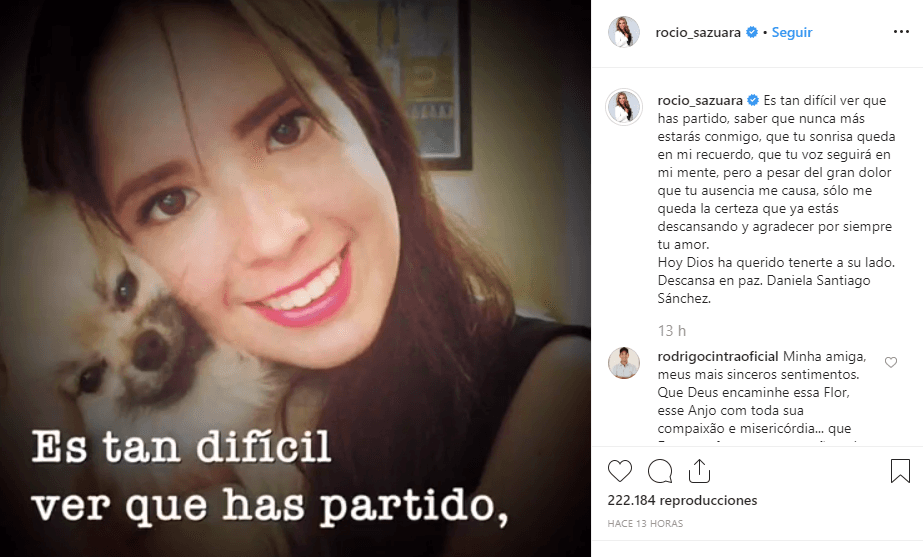 Este lunes 23 de septiembre la presentadora Rocío Sánchez Azuara informó a través de las redes sociales que su hija Daniela Santiago Sánchez, de 31 años, 
<b><a href="https://www.univision.com/famosos/muere-a-los-31-anos-la-hija-de-la-conductora-rocio-sanchez-azuara">había fallecido</a></b>. La primogénita de la conductora mexicana padeció lupus eritomatoso sistémico durante 20 años. La agencia Notimex informó, citando fuentes de la familia, que Daniela fue cremada el mismo día que se anunció su muerte.