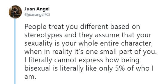 "Las personas te tratan de manera diferente según los estereotipos y asumen que tu sexualidad es toda tu personalidad, cuando en realidad es una pequeña parte de ti. Literalmente no puedo expresar cómo ser bisexual es literalmente solo el cinco por ciento de lo que soy".
<br>