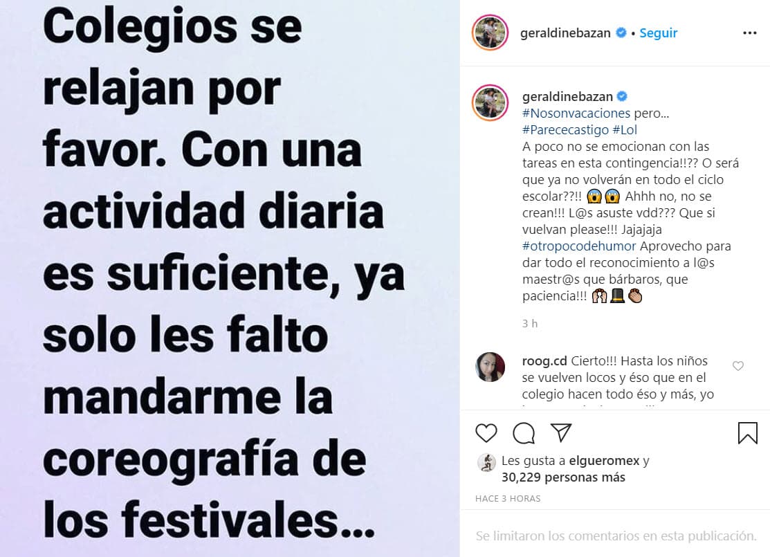 La exesposa de Gabriel Soto compartió este mensaje en su perfil de Instagram, para externar 
<b>con sentido del humor</b> la cantidad de actividades escolares que tienen que realizar sus hijas, mientras continúan las clases suspendidas por la pandemia.
<br>