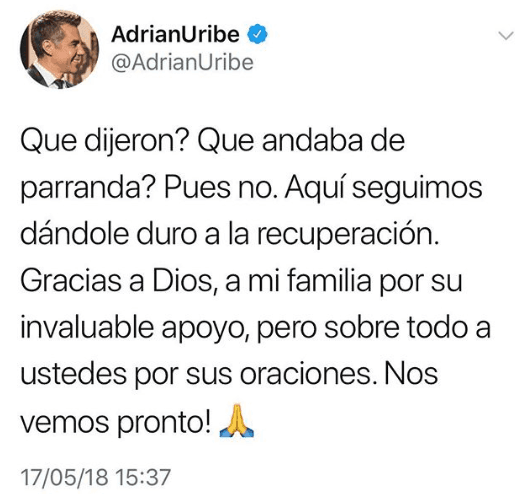 Con este mensaje a través de su cuenta de Twitter, el actor reportó a sus seguidores su recuperación tras la operación.