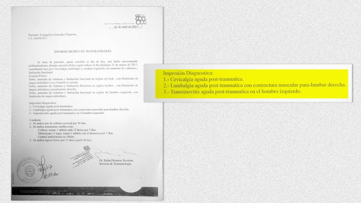 Elyangélica González's medical report after the assault on the reporter in Caracas, March 31, 2017.