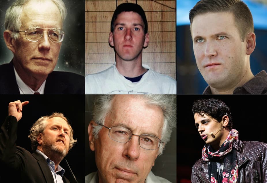 Clockwise, from left: White nationalist William Pierce, domestic terrorist Timothy McVeigh, white nationalist Richard Spencer, British journalist Milo Yiannopoulos, professor Kevin MacDonald, and Breitbart News founder Andrew Breitbart.