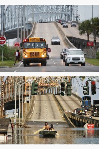 Un autobús escolar deja un estudiante frente al Puente Claiborne en el Lower Ninth Ward. El barrio fue devastada por las inundaciones.