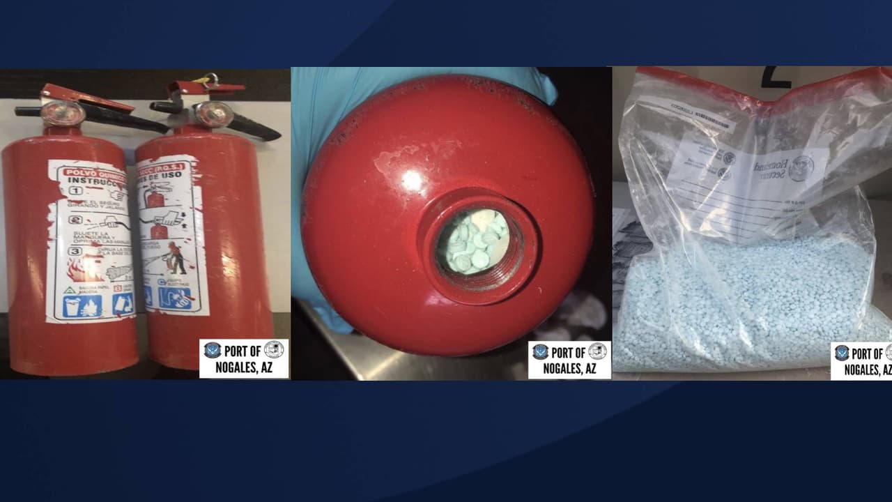 Autoridades confiscaron más de 28,000 pastillas de fentanilo en la 
<i>Instalación Comercial de Nogales</i> escondidas dentro de dos extintores de incendios en un remolque de un tractor. El decomiso de drogas tiene un valor estimado de 93,000 dólares. 
<br>