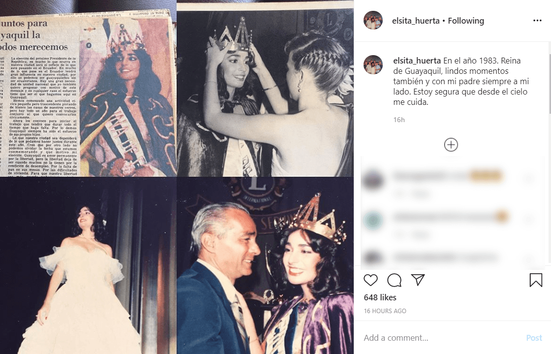 Elsita Huerta, madre de Danilo Carrera, publicó en Instagram una serie de fotografías en las que presume que fue reina de belleza en Guayaquil. "Lindos momentos", escribió junto a las imágenes, entre las que se encontraba una con su padre: "Estoy segura que desde el cielo me cuida", escribió.
