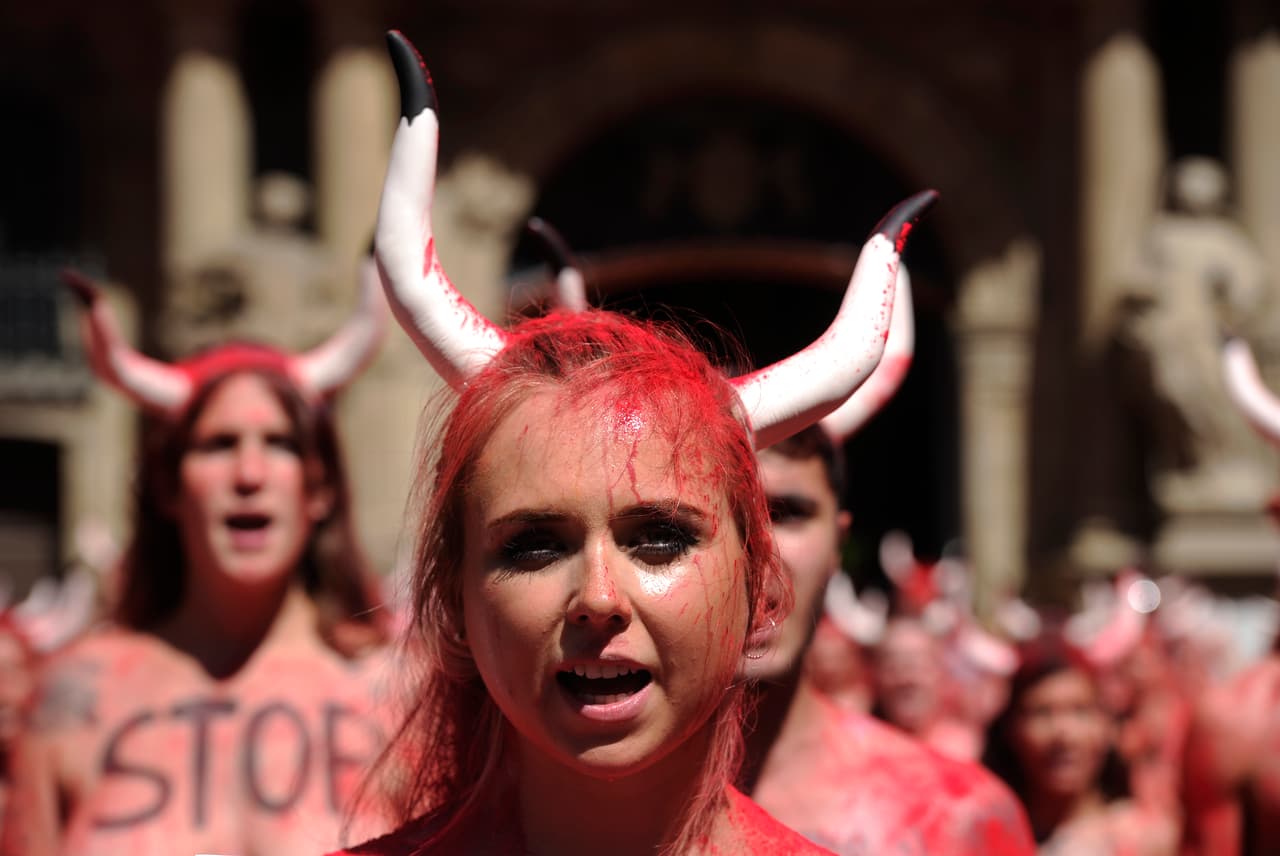 Durante las protestas los participantes se cubren con polvo de color rojo simulando la sangre y se ponen cuernos en la cabeza. Los manifestantes argumentan que las corridas de toros deben ser prohibidas por motivos de crueldad. Alegan que torturar y matar animales nunca puede ser justificado como forma de entretenimiento.
<br>Fotografía del
<b> 5 de julio de 2017</b> /ANDER GILLENEA/ AFP/ Getty