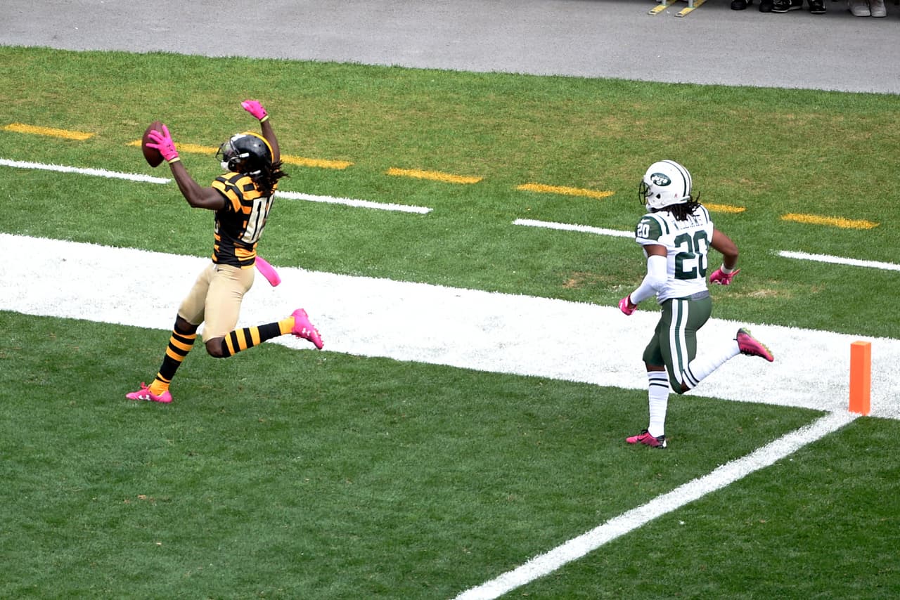Pittsburgh Steelers wide receiver Sammie Coates (14) begins to celebrate after taking a pass from quarterback Ben Roethlisberger for a touchdown with New York Jets cornerback Marcus Williams (20) defending during the first half of an NFL football game in Pittsburgh, Sunday, Oct. 9, 2016. (AP Photo/Fred Vuich)