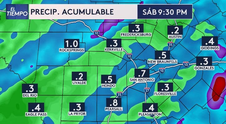 El sábado por la noche,
<b>las acumulaciones de lluvia podrían alcanzar hasta una pulgada al noroeste de nuestra región</b>. En San Antonio, podrían llegar a 0.7 pulgadas y en Austin, apenas a 0.2.