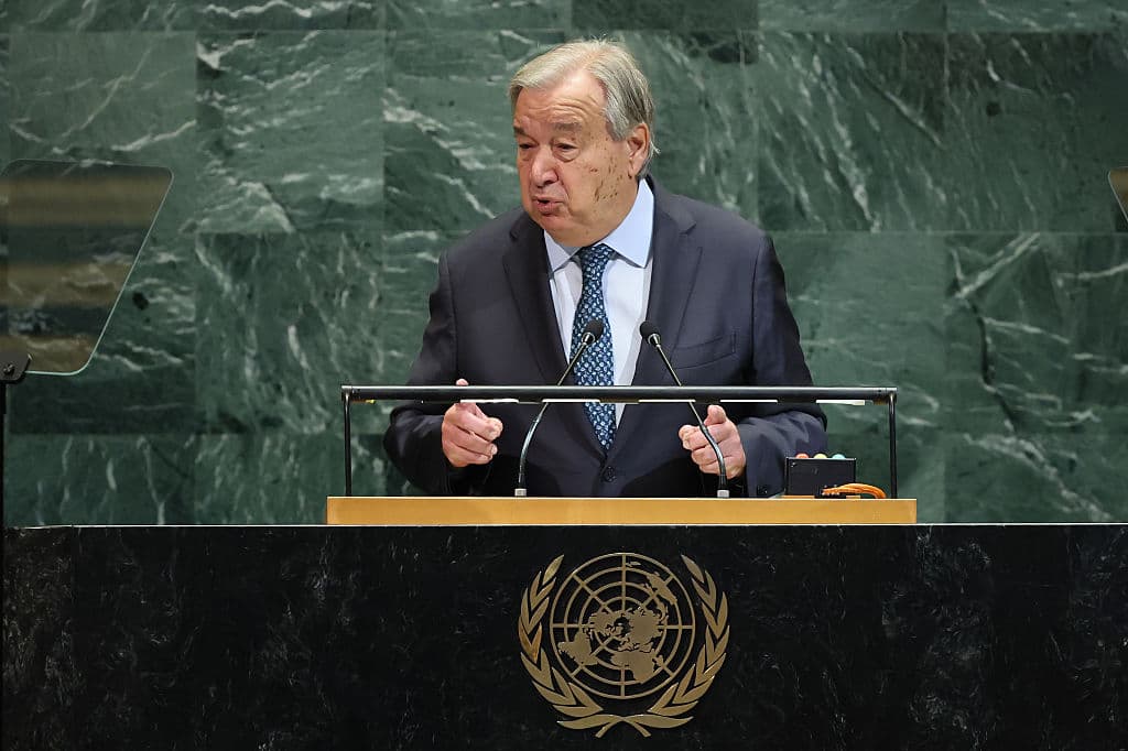 El Secretario General de las Naciones Unidas (ONU), António Guterres, habla durante la Asamblea General de las Naciones Unidas (AGNU) en la sede de las Naciones Unidas el 23 de septiembre de 2025 en la ciudad de Nueva York.