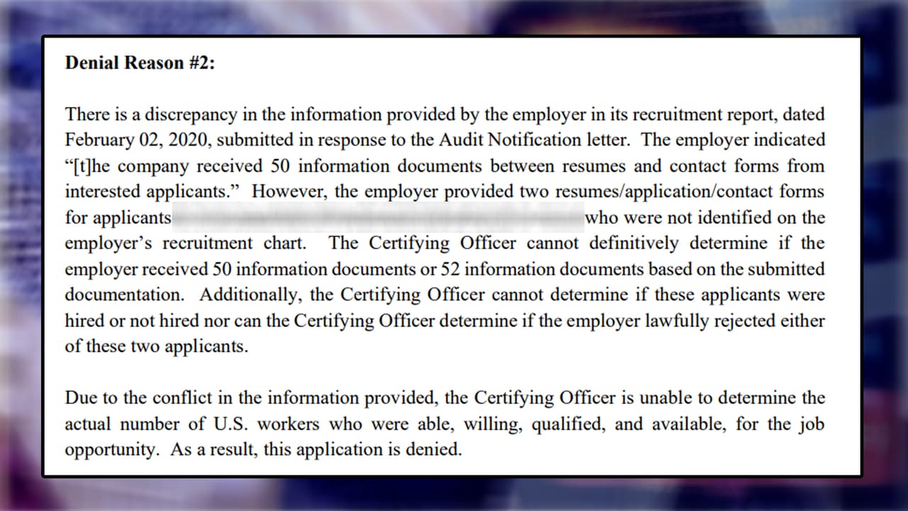 Según los documentos, entre las razones del rechazo a la solicitud, resalta que Hercules Staffing no pudo demostrar que los empleos fueron ofrecidos de manera correcta a ciudadanos de Estados Unidos, antes de acudir a personas extranjeras.
