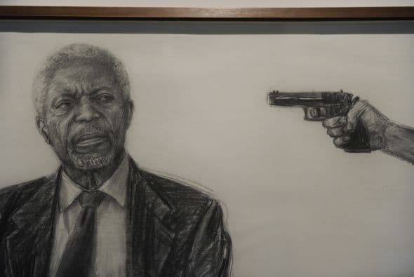 Entre los líderes y personalidades 'ejecutados' por el pintor aparecen también el ex primer ministro israelí Ariel Sharon, el ex secretario general de la ONU Kofi Annan y el presidente de Irán, Mahmud Ahmadinejad.