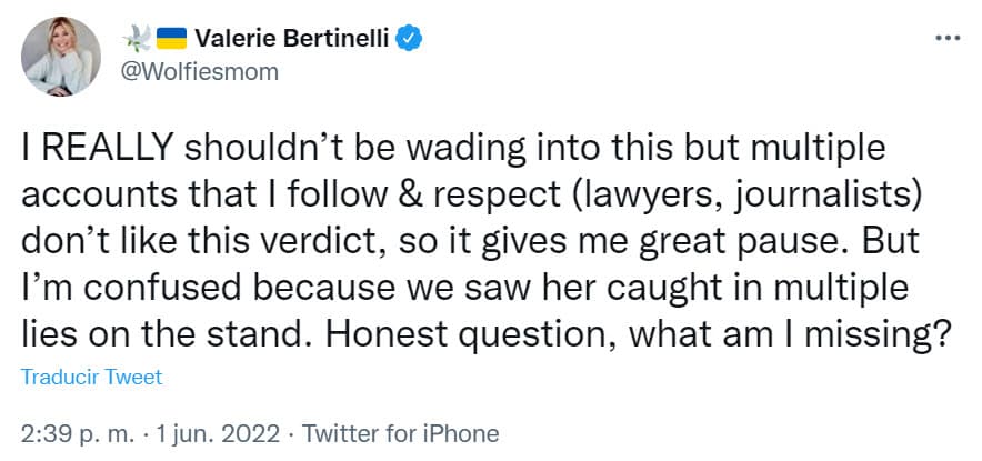 En un segundo tuit agregó: "Realmente no debería meterme en esto, pero a varias cuentas que sigo y respeto (abogados, periodistas) no les gusta este veredicto, por lo que me da una gran pausa. Pero estoy confundido porque la vimos atrapada en múltiples mentiras en el estrado. Pregunta honesta, ¿qué me estoy perdiendo?".
<br>
