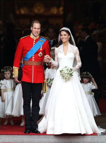 <b>2011- Kate Middleton and Prince William, Duke of Cambridge</b>
<br>For the most awaited wedding of the 21
<sup>st</sup> century, the bride chose a satin, organza and tulle gown of white silk, with long sleeves and a snug waist by Alexander McQueen. She topped it off with her Mother-in-Law’s 'halo' tiara by Cartier.