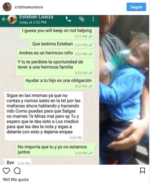 De acuerdo con la cantante, el beisbolista no sólo se negó a ayudarla en ese momento, además se burlo de ella y criticó su trabajo como conductora de televisión. Para corroborar sus dichos, Cristina compartió un pantallazo de la conversación con su expareja.