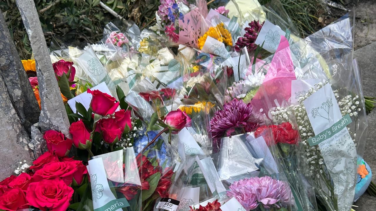 Decenas de estudiantes, amigos y familiares de Alessia Tucci, de 16 años, y Mateo Dávila, de 17, la joven pareja que murió tras el choque del carro en Doral, se acercan a dejar flores en el sitio de la tragedia.
