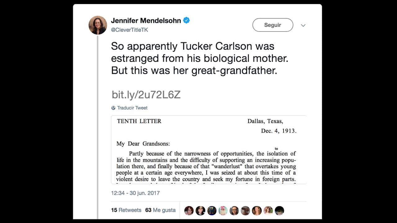 Mendelsohn buscó en los archivos históricos y encontró una carta del bisabuelo de Tucker, fechada en 1913, donde cuenta cómo dejó la pobreza de Italia por la promesa de EEUU. “Principalmente debido a la escasez de oportunidades, el aislamiento de la vida en las montañas y los problemas para mantener una población que va en aumento, y finalmente a causa de esa ‘pasión por los viajes’ que alcanza a los jóvenes en un momento determinado, me embargaron un deseo violento de dejar el país y buscar fortuna en el extranjero”, dice el mensaje del bisabuelo del presentador. 
<br>