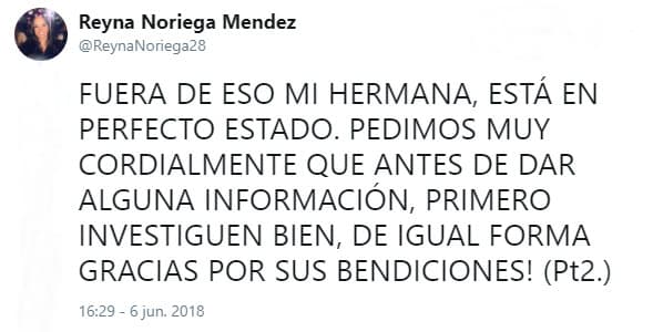 Además, dio una entrevista al Diario Basta! donde admitió que Adela sí había tenido problemas de salud: "Mi hermana por el momento está muy bien de salud, se especuló que estaba enferma, pero no, tiene enfermedades como cualquier otra persona, nada de qué preocuparse. Tuvo un problema de riñones hace poco, creemos que alguien pudo haberla visto en el hospital y por eso empezaron con el chisme. Adela está muy sana y muy dedicada en su vida personal".