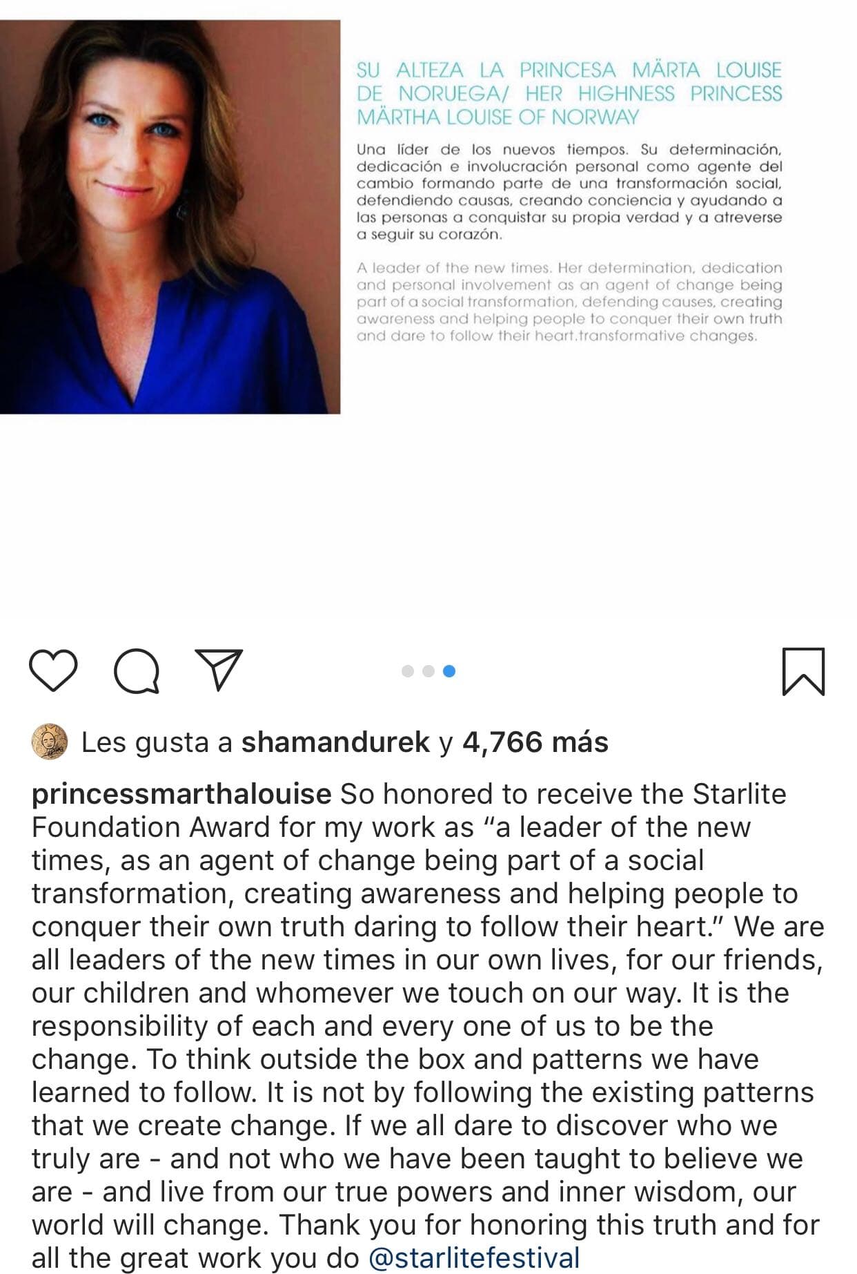 En la gala de la fundación, la princesa fue reconocida por su labor social con un premio especial. En su 
<b><a href="https://www.instagram.com/p/B1Gi1Pti-uS/" target="_blank">cuenta de Instagram,</a></b> ella agradeció de esta manera: "Me siento honrada de recibir el premio de la Fundación Starlite por mi trabajo como 'un líder de los nuevos tiempos, como un agente de cambio que forma parte de una transformación social, creando conciencia y ayudando a las personas a conquistar su propia verdad, atreviéndose a seguir su corazón'", escribió.