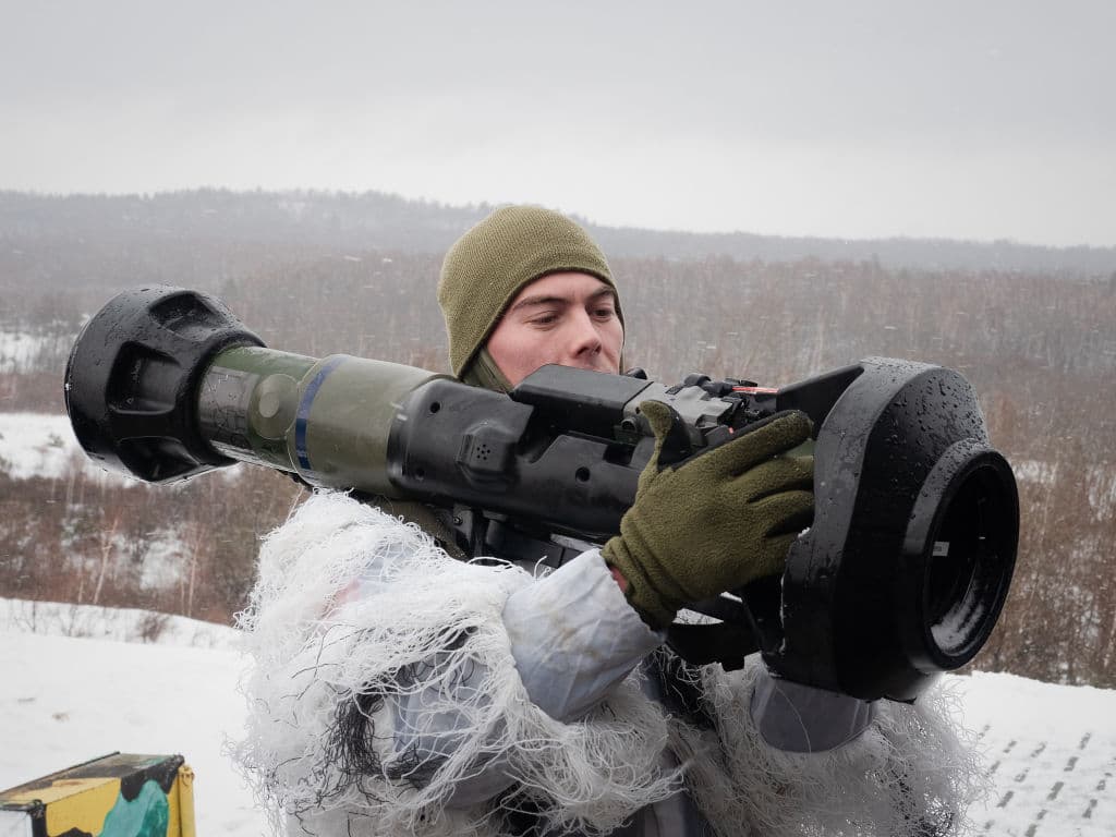 A Ukrainian soldier with an ATGM NLAW anti-tank missile system on January 28, 2022 in Starychi, Ukraine. Training and practical testing of Ukrainian servicemen in the use of the latest ATGM NLAW anti-tank missile systems provided as part of assistance to the Ukrainian armed forces by the British government.