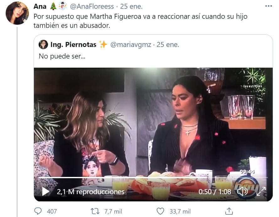 El día de la polémica opinión de Martha Figueroa, una usuaria de Twitter llamada 'Ana Floreess', retomó el tema y acusó a Alejandro Vaca Figueroa, el hijo de la periodista, de haber abusado de ella.
<br>