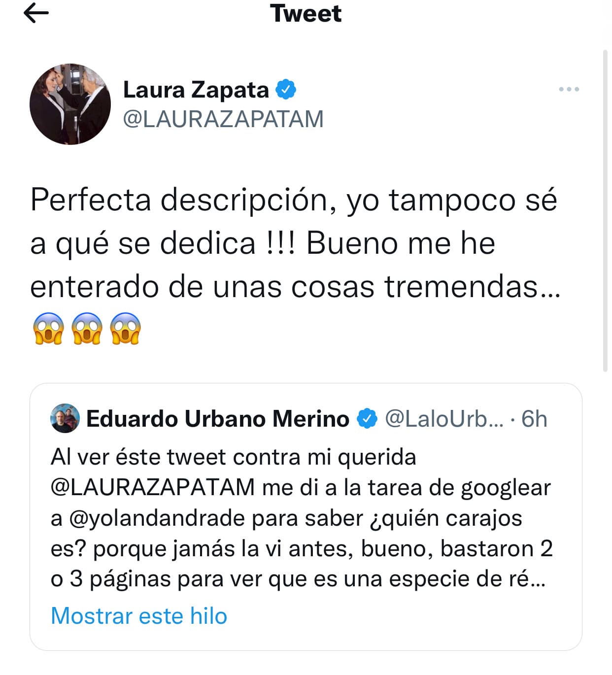 <b>"¡Yo tampoco sé a qué se dedica!"</b>, replicó Laura Zapata recuperando un tuit de uno de sus seguidores cuestionando la carrera de Yolanda Andrade, quien lleva más de 30 años en el mundo artístico. 
<br>