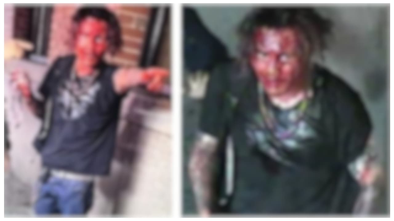 Se busca por apuñalar la cara de un hombre. Se cree que se untó la sangre de su víctima en el rostro