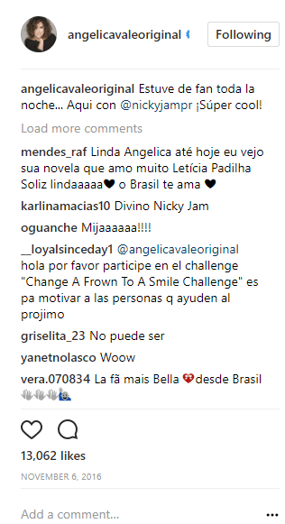 "Estuve de fan toda la noche...Aquí con NIcky Ja. ¡Súper cool!", escribió Angélica Vale al compartir su imagen en Instagram junto al reggaetonero.