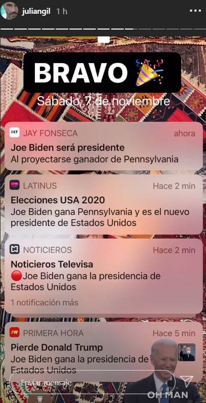 <b>Julián Gil</b> compartió una captura de su teléfono celular donde aparecen las notificaciones de diversas aplicaciones que informan sobre el triunfo de Biden.