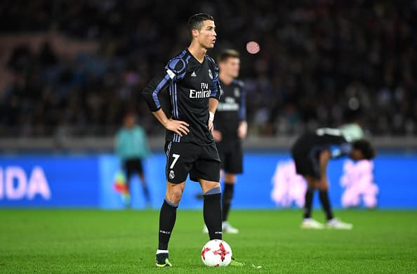 YOKOHAMA, JAPAN - DECEMBER 15: Cristiano Ronaldo of Real Madrid prepares to take a freekick during the FIFA Club World Cup Semi Final match between Club America and Real Madrid at International Stadium Yokohama on December 15, 2016 in Yokohama, Japan. (Photo by Shaun Botterill - FIFA/FIFA via Getty Images)