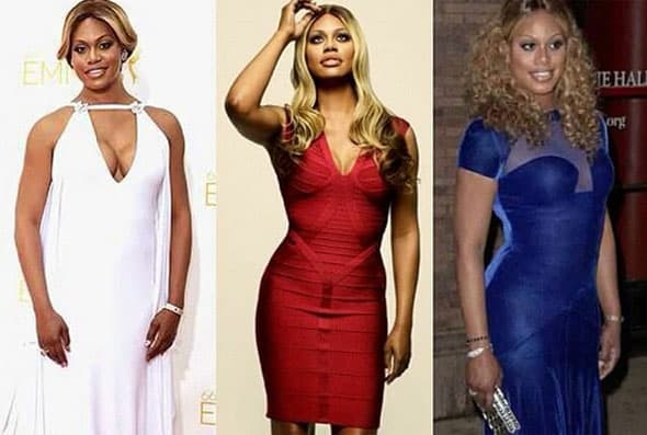 Laverne Cox con tres vestidos del color de la bandera.