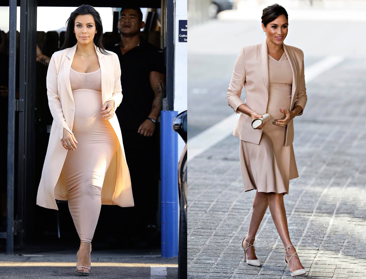 Kim Kardashian, 2015 / Meghan Markle 2019: Kim utilizó este vestido rosa en septiembre de 2015, mientras esperaba el nacimiento de Saint West. Con este look, que complementó con un abrigo largo y sandalias, pudo presumir su baby bump. En enero de 2019, Meghan estaba a pocos meses de recibir a Archie; el día en que fue tomada esta fotografía, visitó el Theatro Nacional de Londres, usando un vestido de Brandon Maxwell, bolso de Carolina Herrera y zapatos Aquazzura.