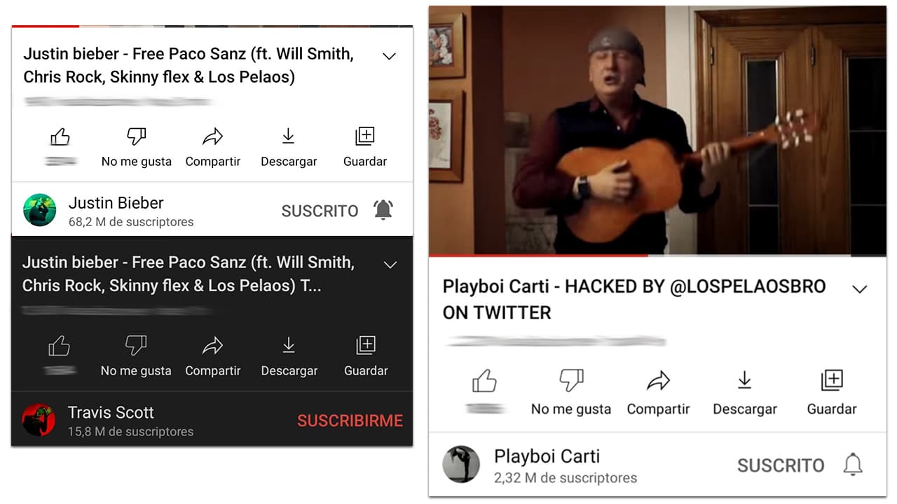 En la mañana del martes, el grupo cibercriminal autodenominado @lospelaosbro, ‘hackeó’ varias de las cuentas más influénciales de YouTube, cargando un video de 77 segundos llamado ‘Justin biener – Free Paco Sanz (ft. Will Smith, Chris Rock, Skinny flex & Los Pelaos). El grupo utilizó Twitter para anunciar sus fechorías. 
<br>
