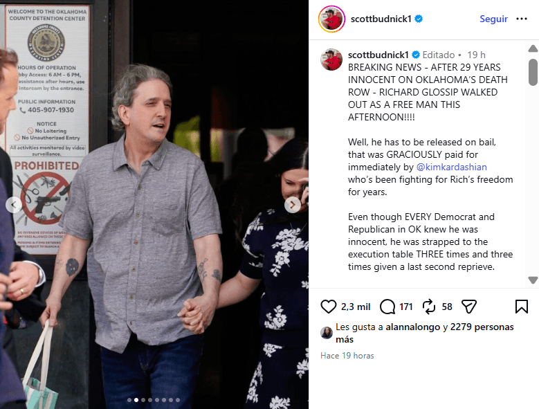 Richard Glossip salió de prisión tras casi 30 años en ella.