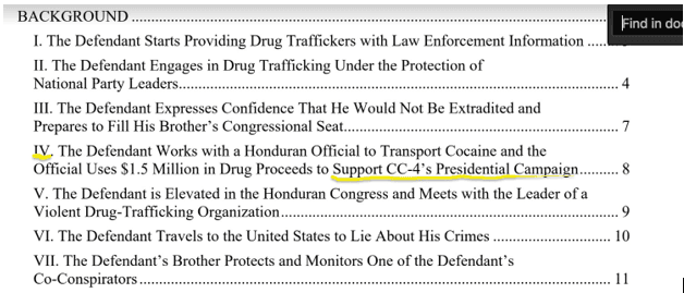 Un documento presentado el pasado 2 de agosto en la Corte Federal de Nueva York asegura que la campaña presidencial del presidente hondureño Juan Orlando Hernández (identificado como CC-4) recibió el apoyo de $1,5 millones provenientes del trasiego de cocaína de su hermano, Tony Hernández, quien está acusado en la causa. El presidente no figura como acusado en la investigación criminal.
