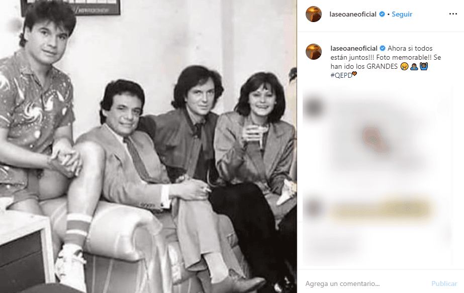 Tras la pérdida de José José, esta icónica fotografía arrasó en redes sociales, pues en ella aparece Rocío Durcal, Camilo Sesto, Juan Gabriel y José José. Junto a la imagen, la actriz escribió: "Ahora si todos están juntos!!! Foto memorable!! Se han ido los GRANDES".